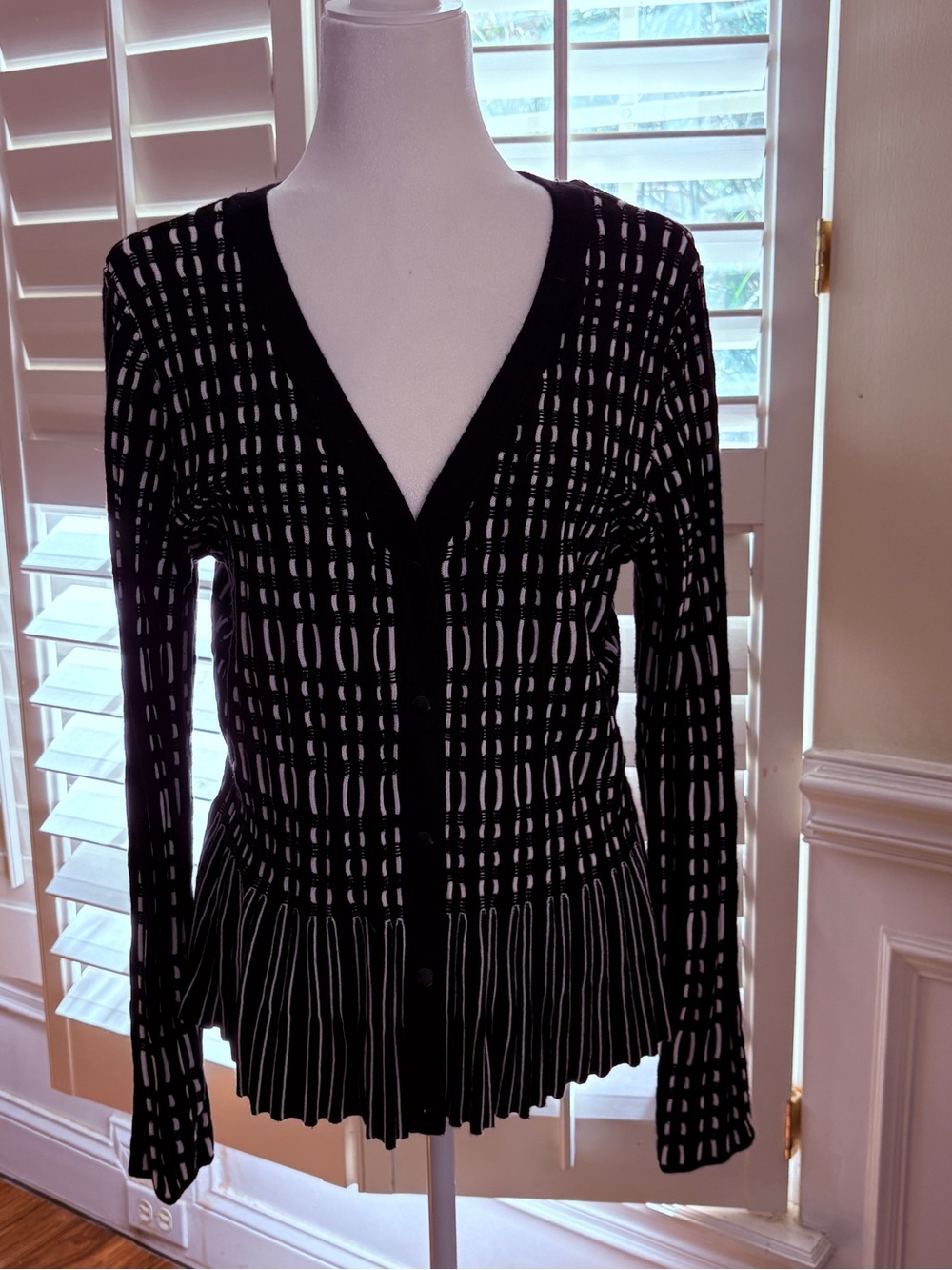 White House Black Market Black & White Grid Peplum Cardigan